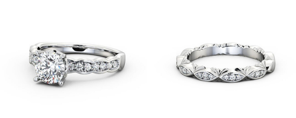 Complement a vintage engagement ring with an intricate wedding band
